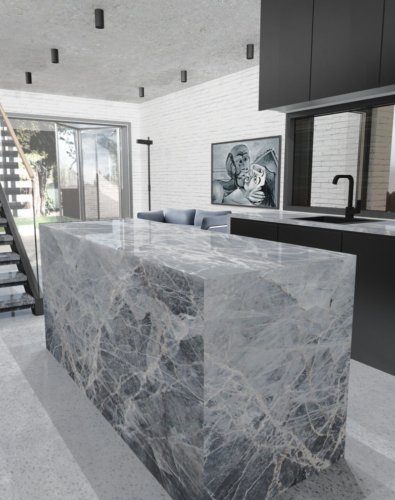 Idee per una piccola cucina design con lavello a vasca singola, ante lisce, ante nere, top in laminato, pavimento in cemento, pavimento grigio e top grigio