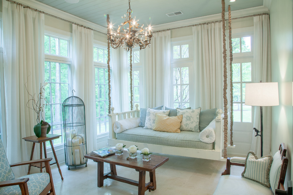 Photo of a mid-sized traditional sunroom in Nashville with travertine floors, a standard ceiling, no fireplace and beige floor.