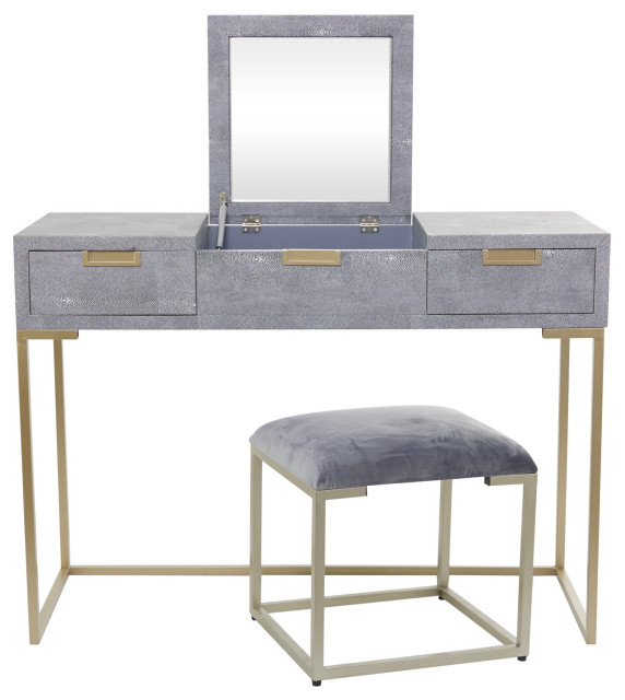 Contemporary Vanity Set, Top With Flip Up Mirror & Cushioned Stool