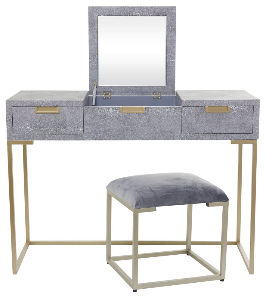 Contemporary Vanity Set, Top With Flip Up Mirror & Cushioned Stool