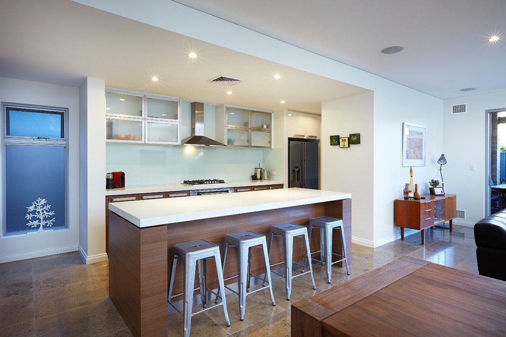 Contemporary kitchen in Perth with with island.