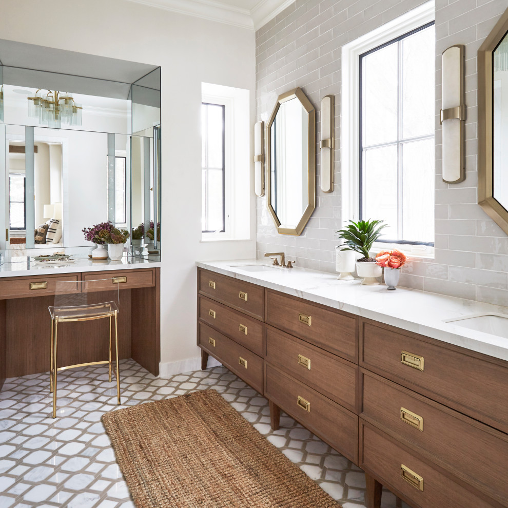 Example of an eclectic master gray tile double-sink bathroom design in Chicago with brown cabinets, white countertops and a freestanding vanity