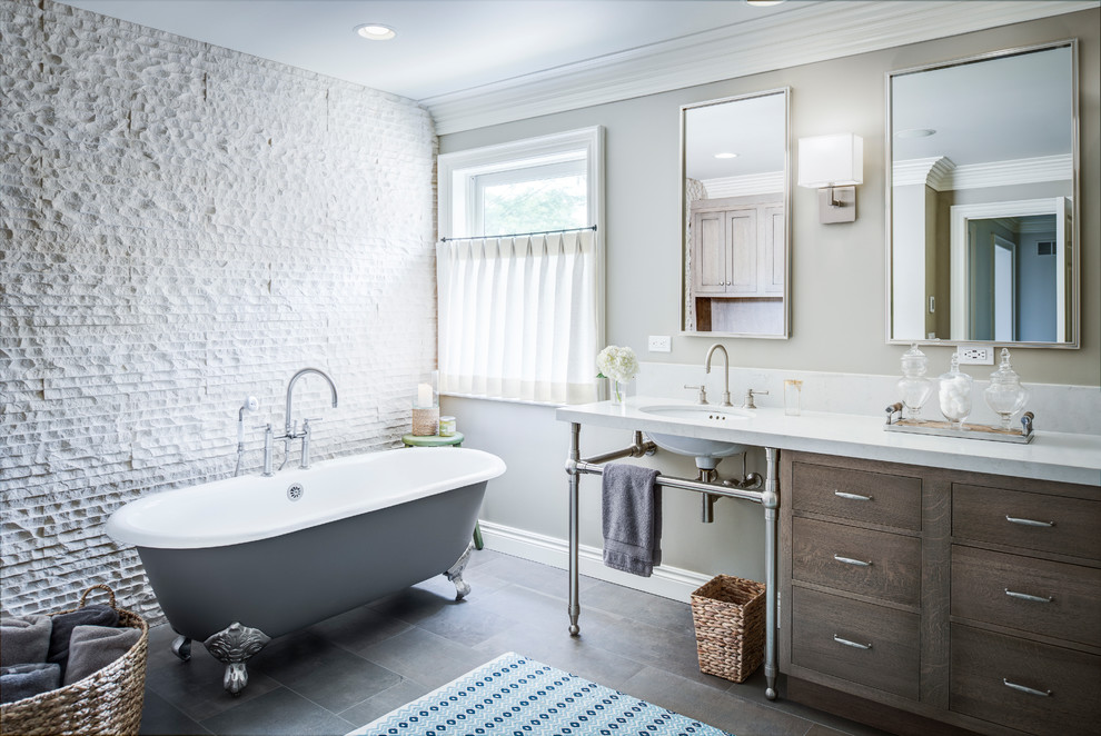 Claw-foot bathtub - large transitional master white tile and stone tile porcelain tile and brown floor claw-foot bathtub idea in Detroit with flat-panel cabinets, dark wood cabinets, an undermount sink, white countertops, beige walls, quartz countertops and a hinged shower door