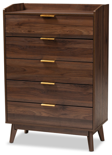 Kayley Mid Century Modern Walnut Brown 5 Drawer Wood Chest