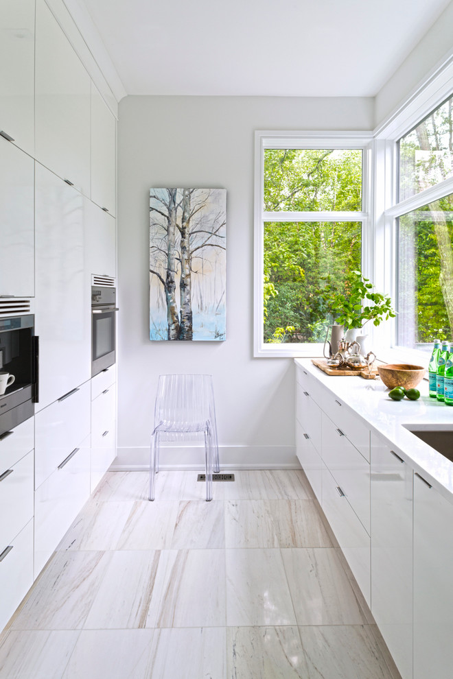 Photo of a contemporary galley separate kitchen in Toronto with white cabinets, stainless steel appliances, porcelain floors, an undermount sink, flat-panel cabinets and no island.