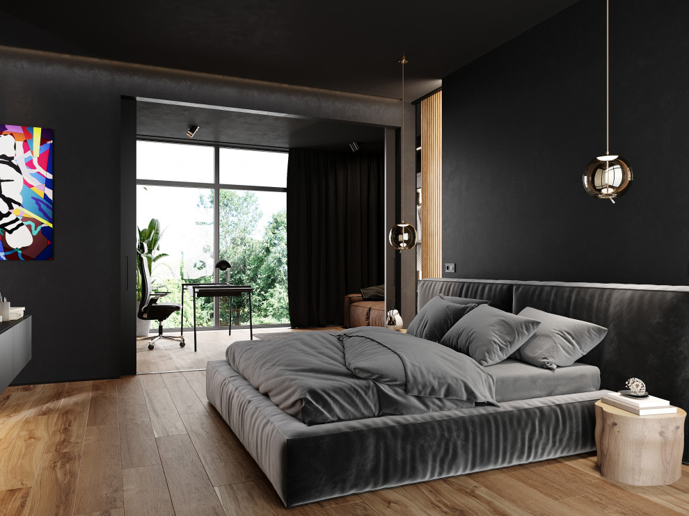 Expansive modern master bedroom in Other with black walls, medium hardwood flooring and brown floors.