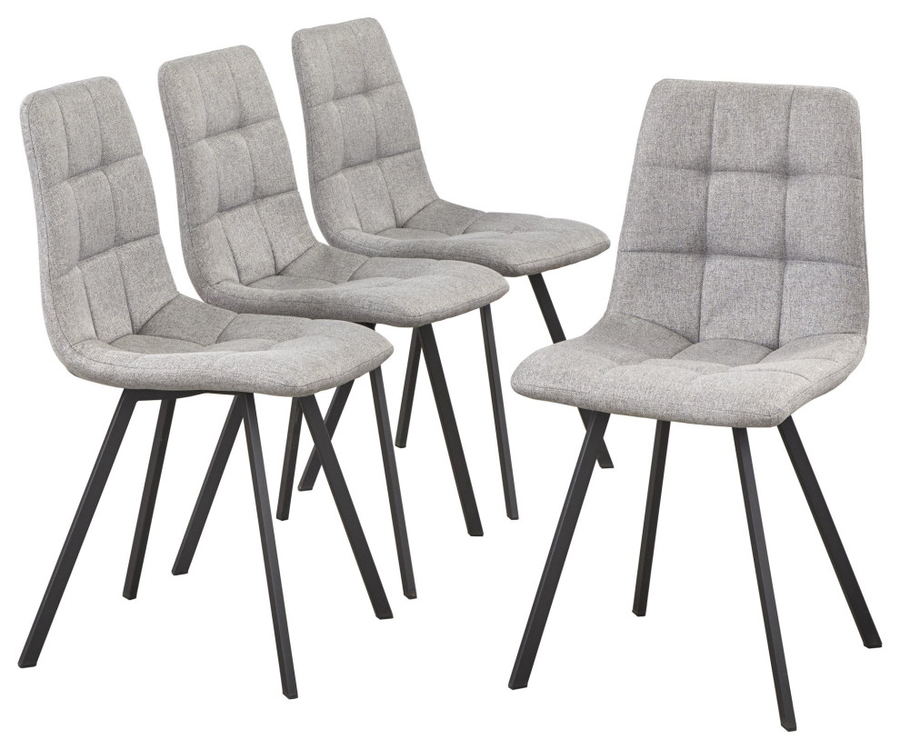 Set of 4 Retro Dining Chair, Black Legs & Gray Linen Seat With Square