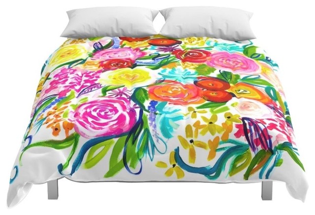 Society6 Bright Colorful Floral Painting Comforter Contemporary