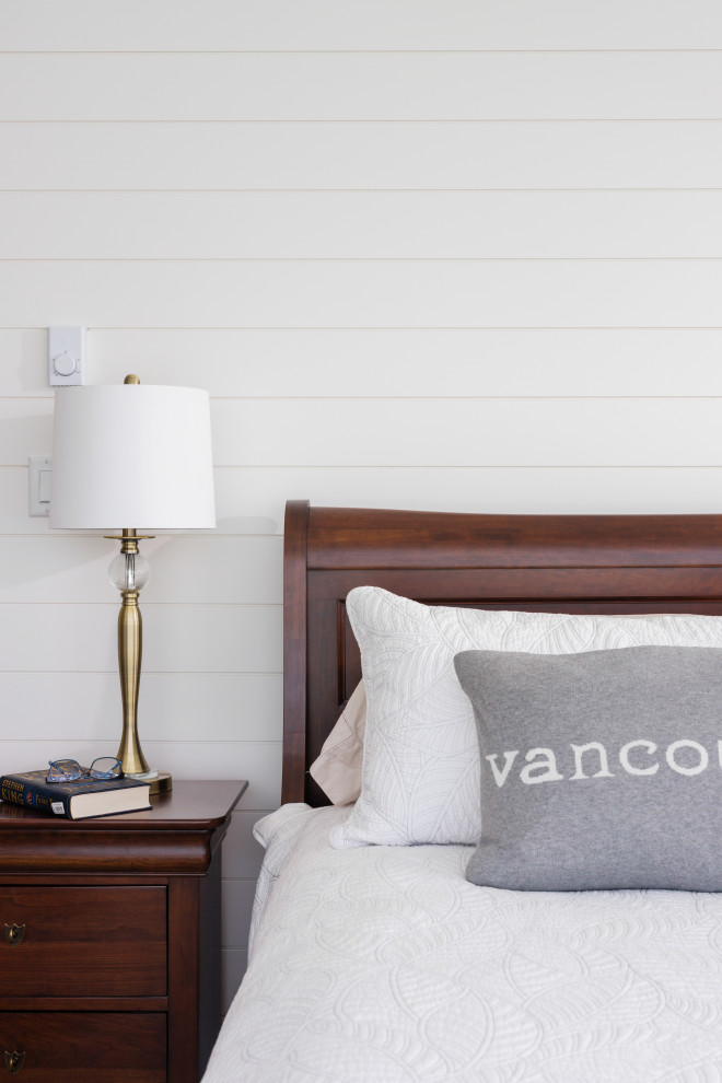 Inspiration for a mid-sized transitional master bedroom in Vancouver with white walls, no fireplace and planked wall panelling.