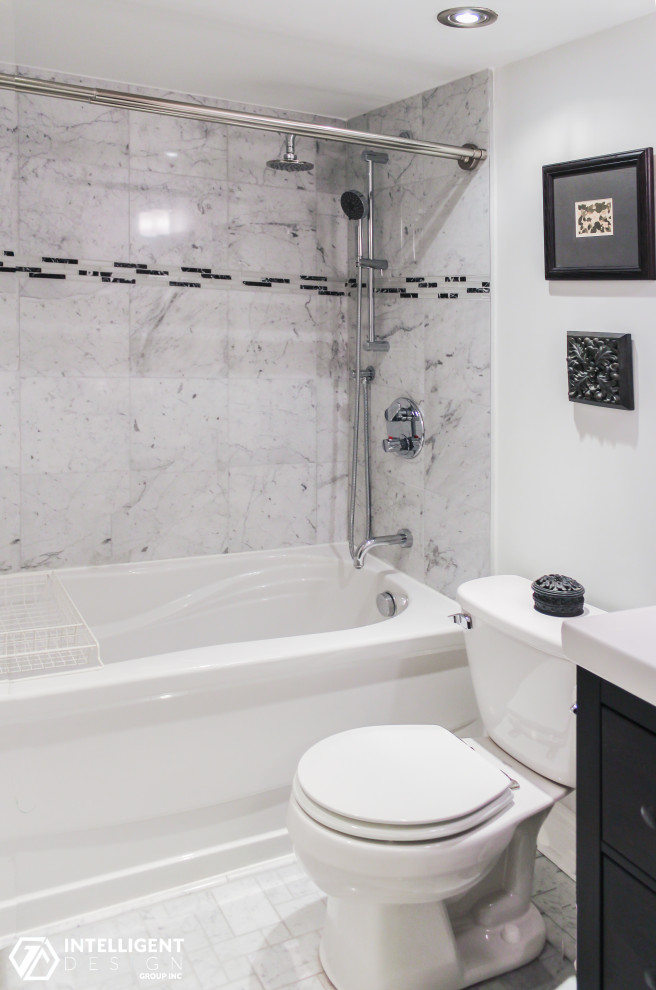Example of a mid-sized transitional master white tile and marble tile white floor and double-sink alcove bathtub design in Toronto with flat-panel cabinets, dark wood cabinets, white walls and a freestanding vanity