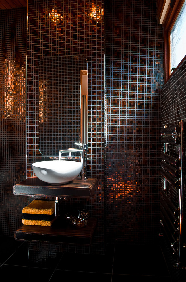 Inspiration for a contemporary powder room in Other with mosaic tile, a vessel sink and multi-coloured tile.