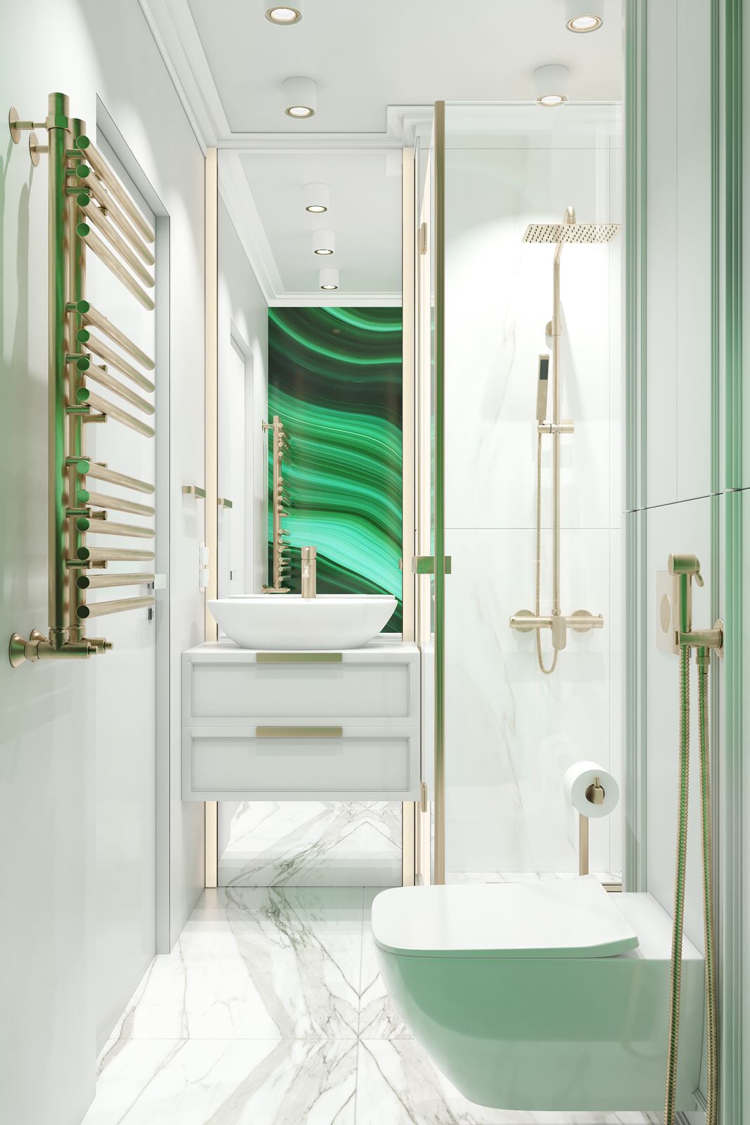 Изысканная ванная комната. Зеленый + золото