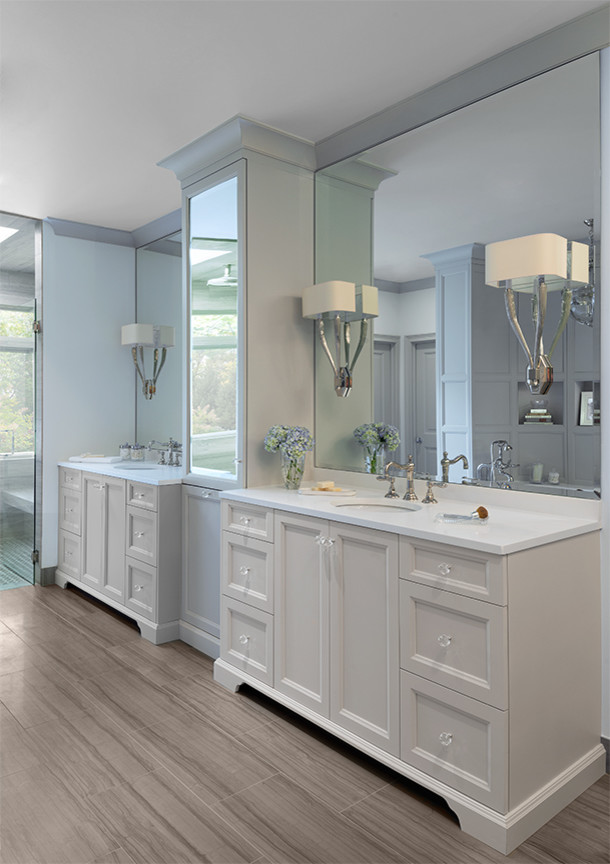 This is an example of a traditional master bathroom in Detroit with shaker cabinets, grey cabinets, a drop-in tub, a curbless shower, grey walls, porcelain floors, an undermount sink and engineered quartz benchtops.