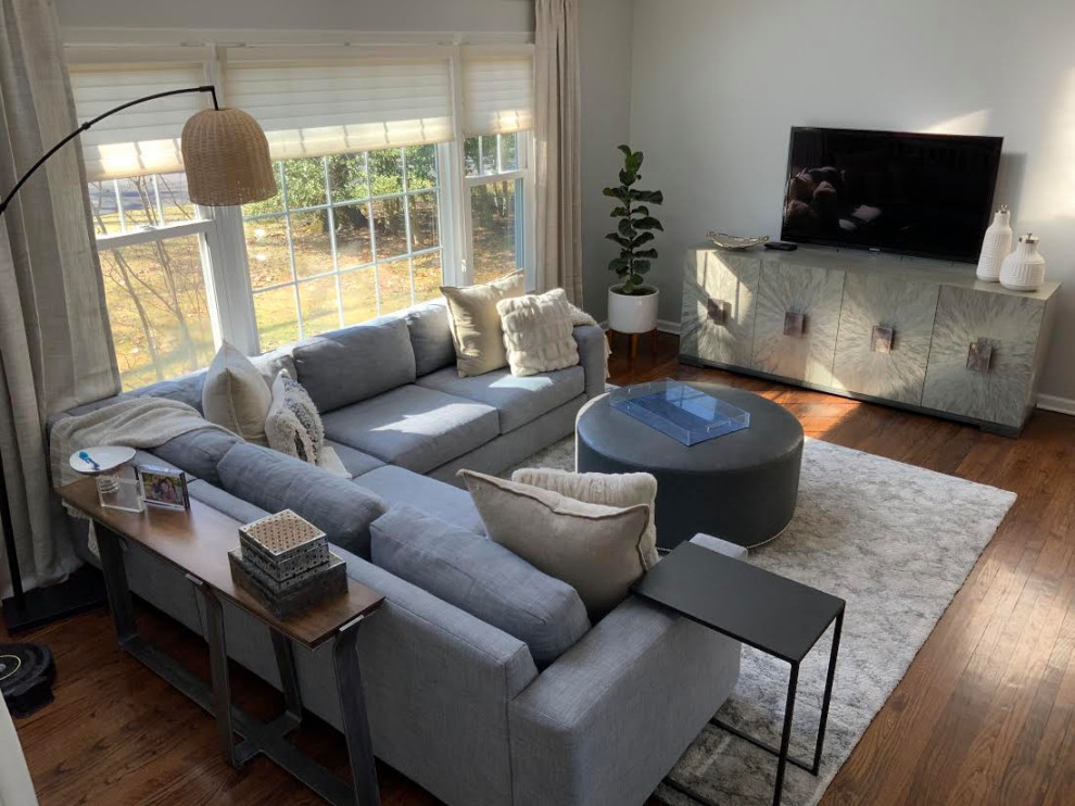 Transitional Family Room with Pops of Blue