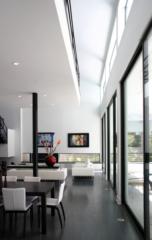 Inspiration for a modern living room in Houston with dark hardwood floors and black floor.