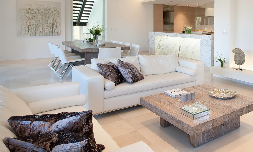 Inspiration for a beach style open concept living room in Perth with white walls, no fireplace and a freestanding tv.