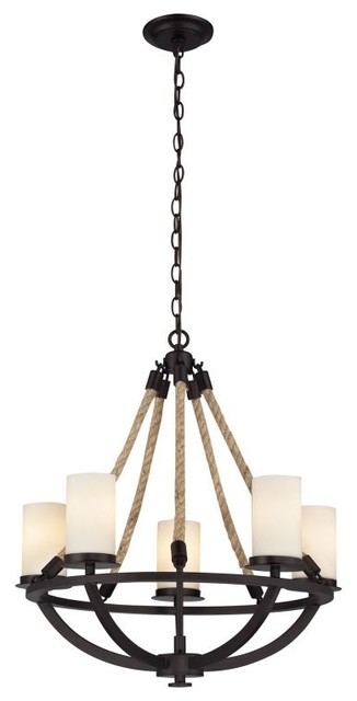 Natural Rope 5-Light Chandelier, Aged Bronze and White Glass