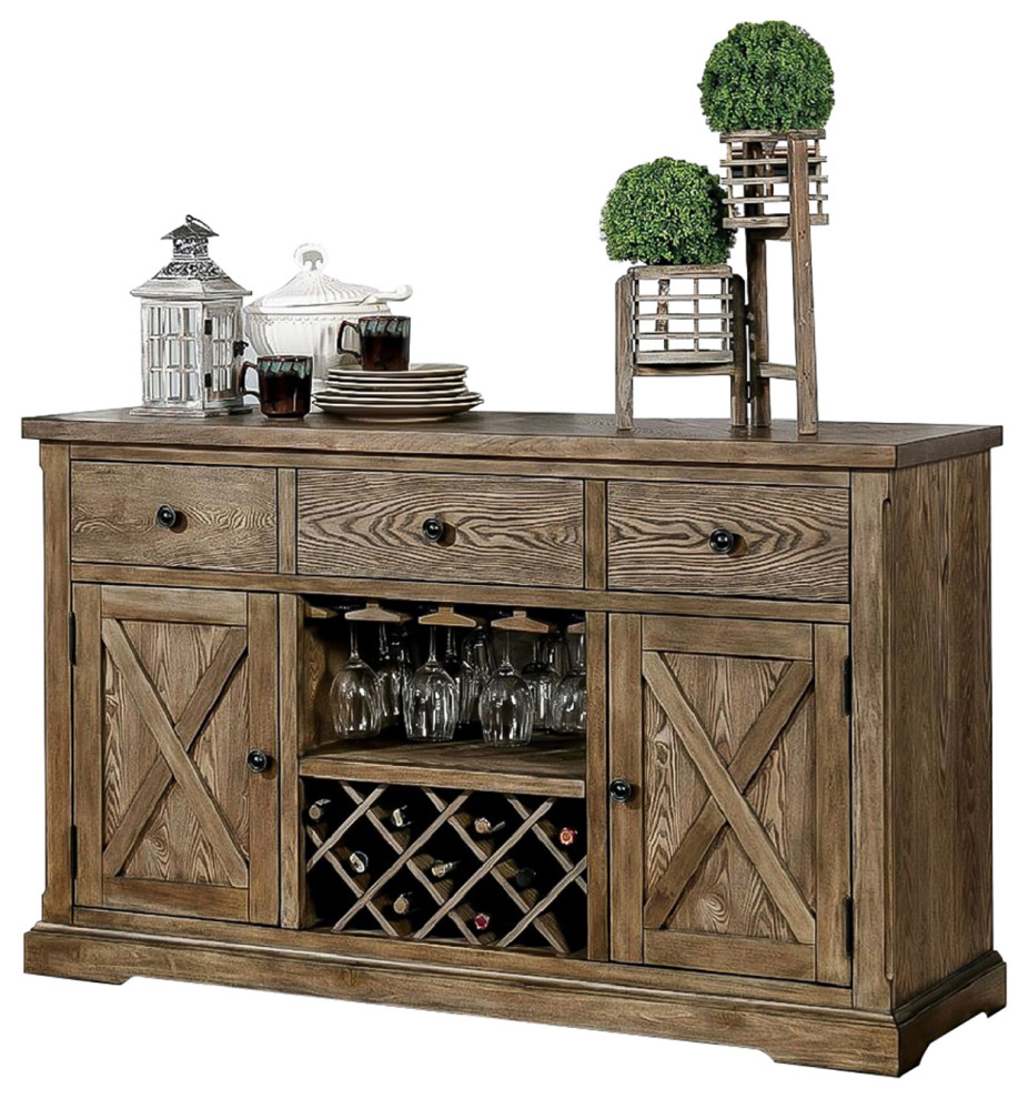 Light Oak Server With Hanging Stemware Rack Transitional Wine And