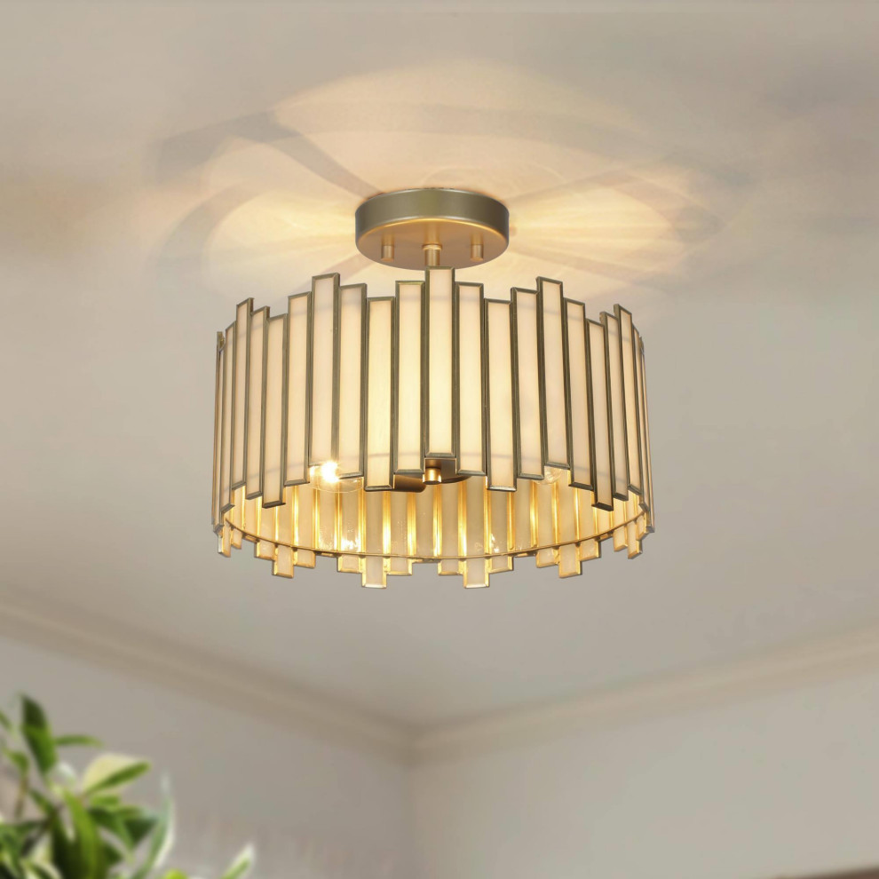 LNC 3-Lights Matte Glod and Tiffany Glass Semi-Flush Mount Light - Transitional - Flush-mount Ceiling Lighting - by LNC | Houzz