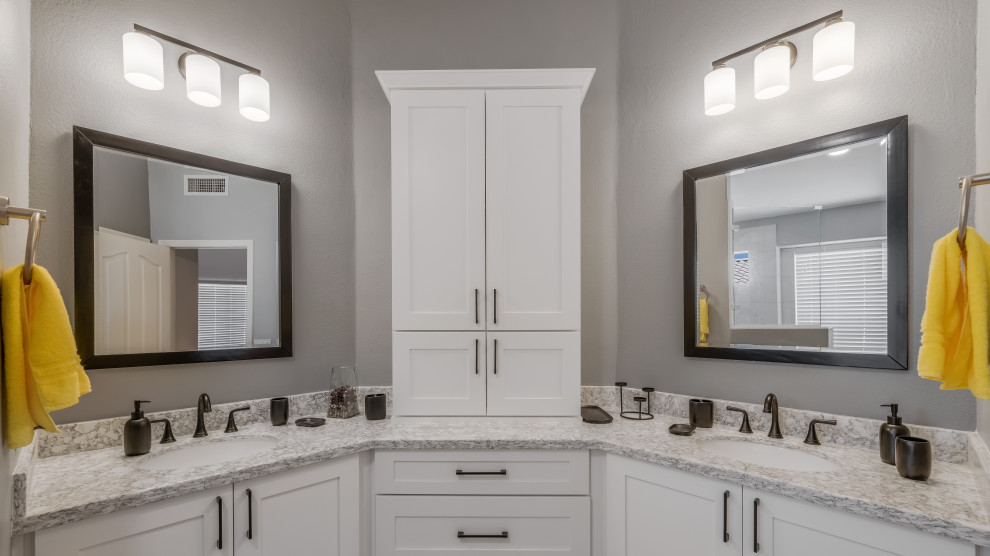 Bathroom - large modern master white tile and porcelain tile double-sink bathroom idea in Phoenix with shaker cabinets, white cabinets, gray walls, an undermount sink, quartz countertops, gray countertops and a built-in vanity