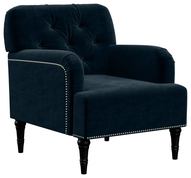 Elegant Accent Chair, Navy Blue Velvet Seat With Button Tufted Back and