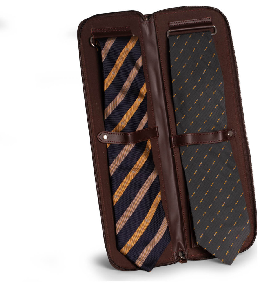 Cognac Leather Travel Tie Case, Removable Storage Compartment Modern