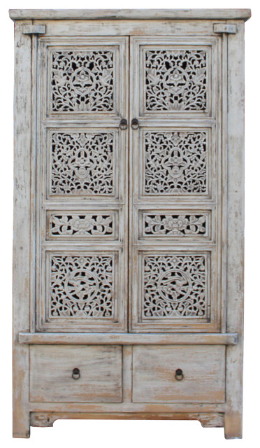 Chinese Distressed Off White Relief Carving Armoire Storage Cabinet Hcs5418  - Asian - Armoires And Wardrobes - by Golden Lotus Antiques | Houzz