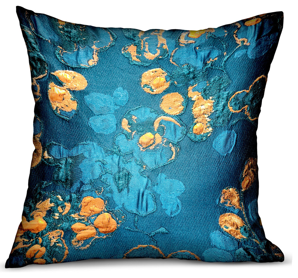 Plutus Bronze Blossom Blue Floral Luxury Throw Pillow, 16"x16"