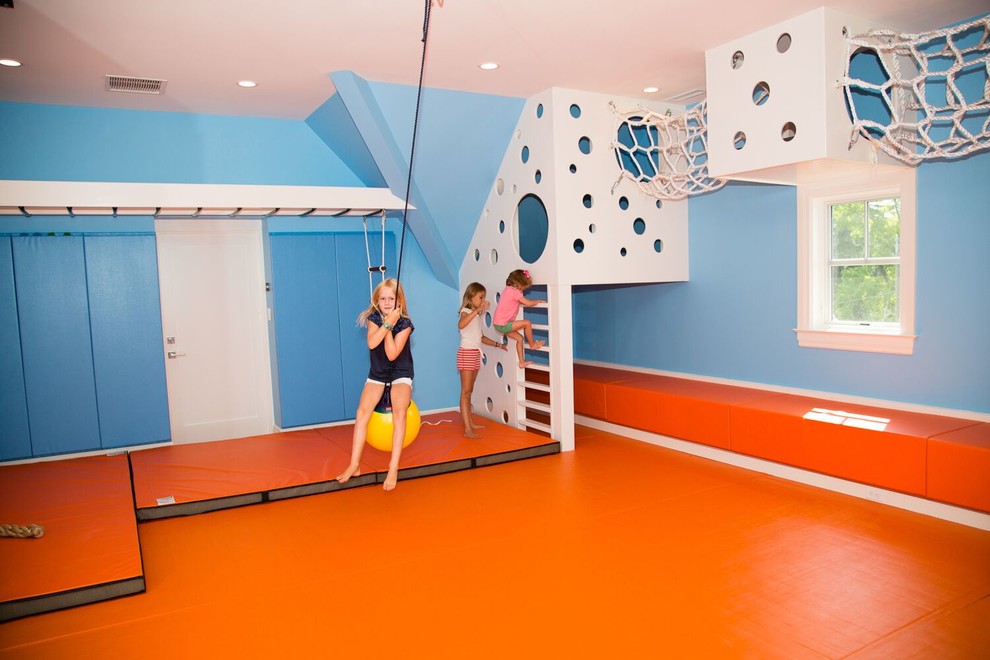 Design ideas for a mid-sized contemporary gender-neutral kids' playroom for kids 4-10 years old in New York with blue walls and orange floor.