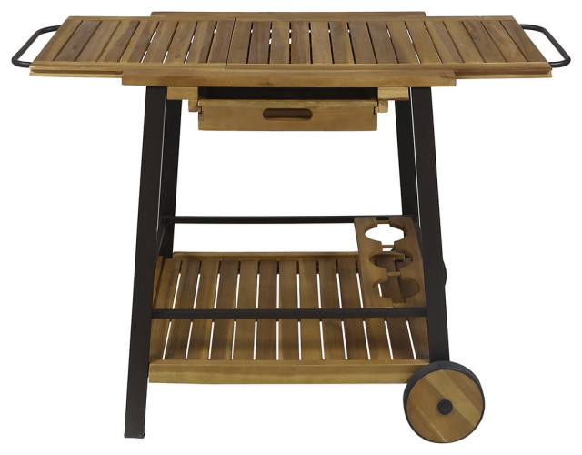 Michaela Outdoor Wood And Iron Bar Cart, Wooden Outdoor Bar Carts