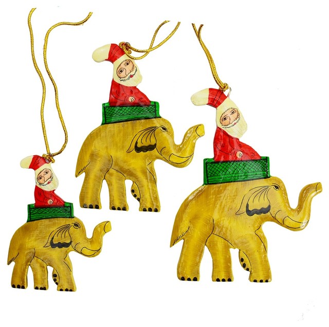 Santa Elephant Christmas Holiday Ornaments Handpainted Brown 3