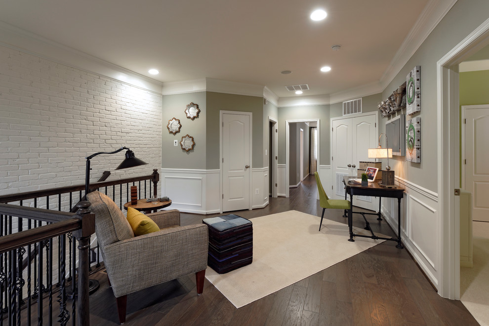 Design ideas for a mid-sized modern hallway in DC Metro with grey walls and dark hardwood floors.
