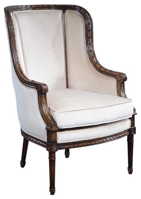 Bergere Chair Louis XVI French Hand-Carved Antiqued Wood Beige Velvet
