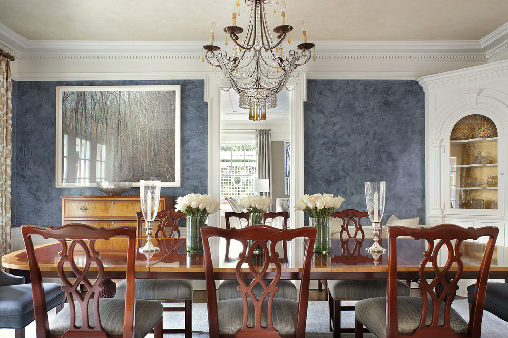 Dining Room - Custom wall finishes and gold leaf appliqué inside the built in cabinets add a unique feel to this dining room. The mix of antique furniture with modern touches and contemporary art create a personalized dining room.