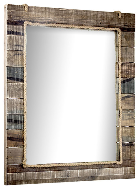 Rustic Wood Paneled Wall Vanity Mirror, Mirrors With Rope Frame