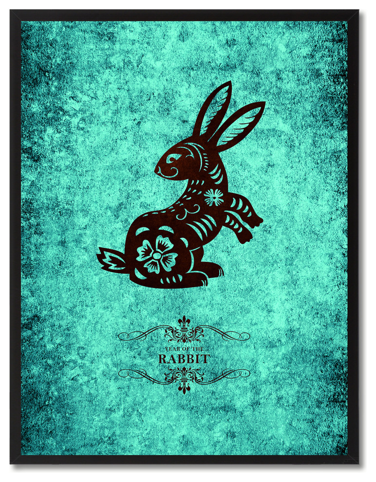 Rabbit Chinese Zodiac Aqua Print on Canvas with Picture Frame, 13"x17"