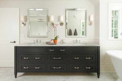 Black Vanity Cabinet White Countertops Classic Design Small Space Black Present Color Scheme Bathrooms Vanities