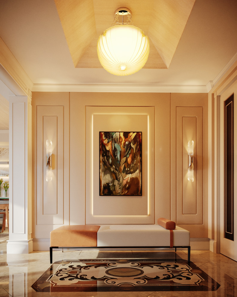 На фото: фойе в стиле модернизм с мраморным полом, одностворчатой входной дверью, бежевым полом, потолком с обоями, панелями на части стены и стеклянной входной дверью с