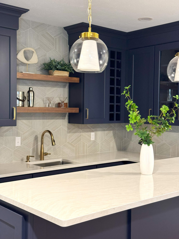 Custom Basement Bar | Blue Cabinetry & Quartz