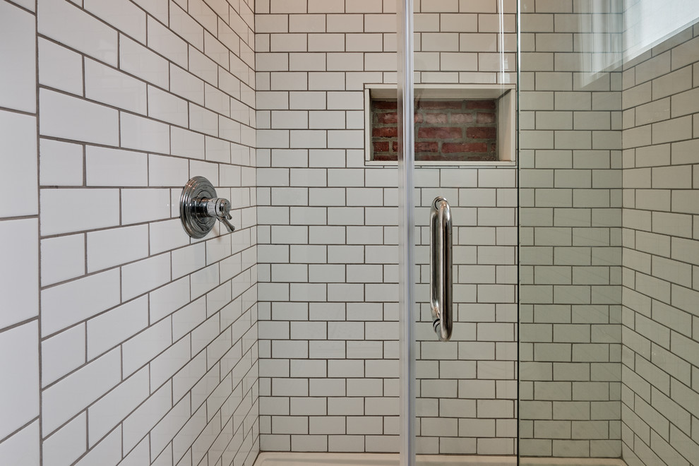 Example of a small eclectic 3/4 white tile and subway tile mosaic tile floor and white floor alcove shower design in Philadelphia with furniture-like cabinets, white cabinets, a two-piece toilet, gray walls, an undermount sink, onyx countertops, a hinged shower door and multicolored countertops