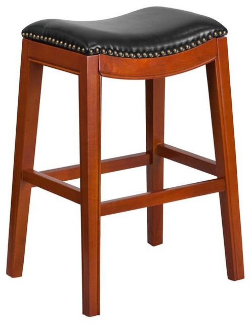 26 H Backless Cappuccino Wood Counter Height Stool With Black 26 H Backless Cappuccino Wood Counter Height Stool With Black Leather Seat Transitional Bar Stools And By Ladder