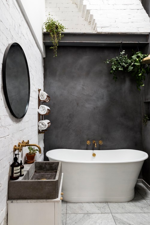 Textured Elegance: Charcoal Wall for a White Freestanding Tub