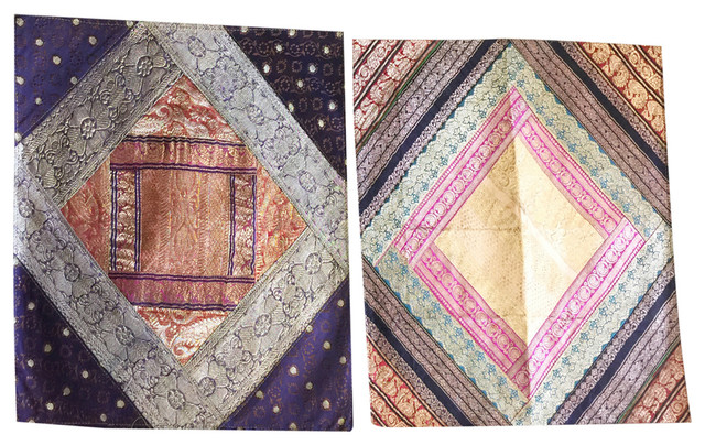 Designer Throw Pillow Sham Vintage Sari Border Patchwork Silk