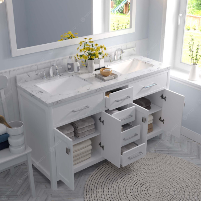 Caroline 60" Bath Vanity in White with Cultured Marble Quartz Top and ...