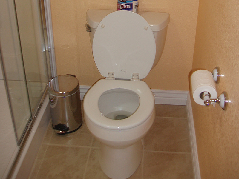 Example of a large master beige tile and ceramic tile ceramic tile alcove bathtub design in Denver with a vessel sink, raised-panel cabinets, medium tone wood cabinets, wood countertops, a one-piece toilet and beige walls