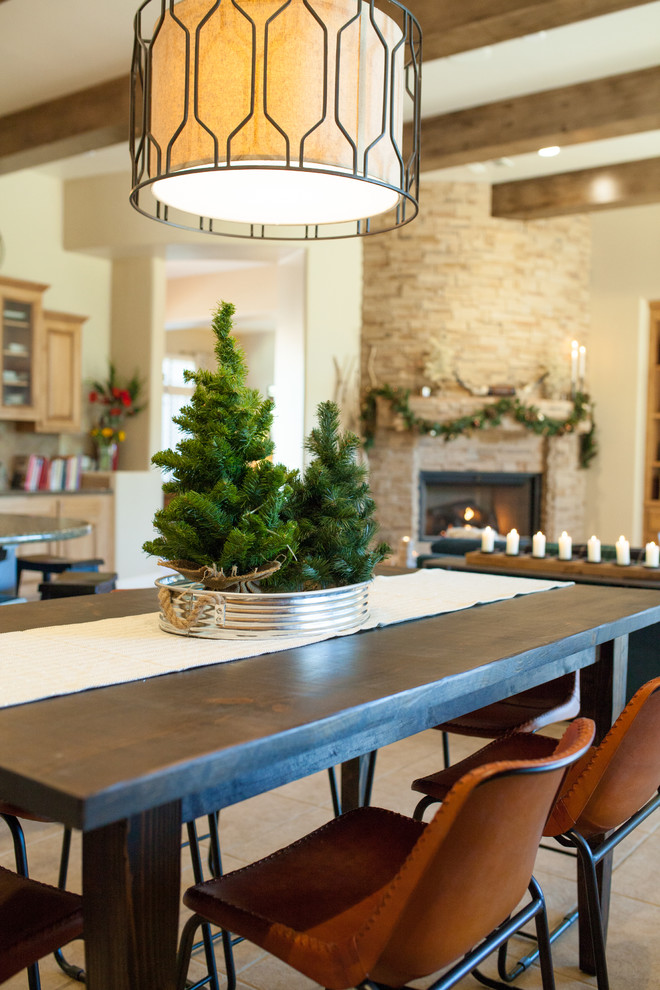 Mid-sized mountain style great room photo in Phoenix with a stone fireplace, beige walls and a corner fireplace