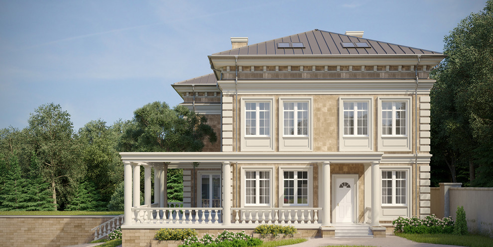 Дом с кленом на террасе. Особняк из натурального камня