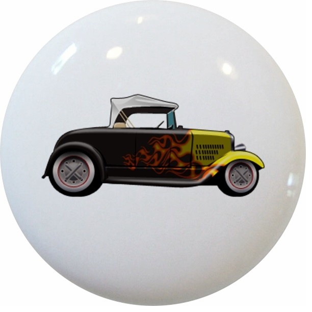 Yellow Black Convertible Hot Rod Car Ceramic Cabinet Drawer Knob