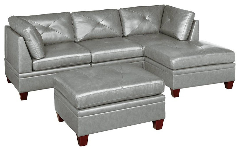 Altea L Shape 5 Piece Top Grain Leather Modular Sectional Sofa, Gray Contemporary Sectional