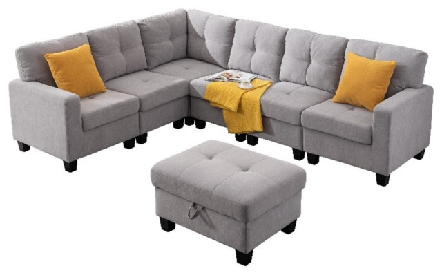 Alexent Modular 7Pc Sectional Sofa Contemporary Couch w Ottoman LIGHT GRAY